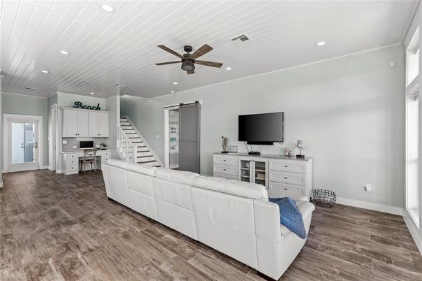 Interior, Kitchen, Living room, Recessed Lighting, Wood Texture Flooring
