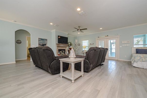 Fireplace, Interior, Living room, Recessed Lighting, Wood Texture Flooring