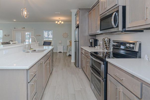 Chandelier, Interior, Kitchen, Pendant Lights, Recessed Lighting, Wood Texture Flooring