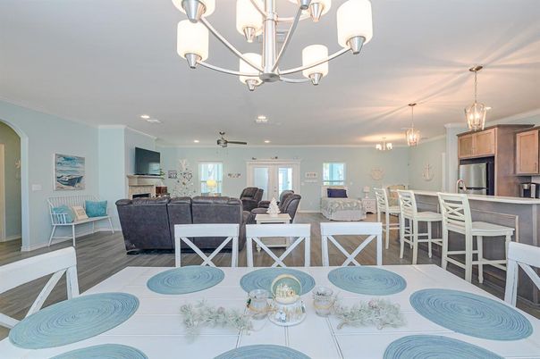 Chandelier, Dining room, Interior, Kitchen, Living room, Pendant Lights, Recessed Lighting, Wood Texture Flooring