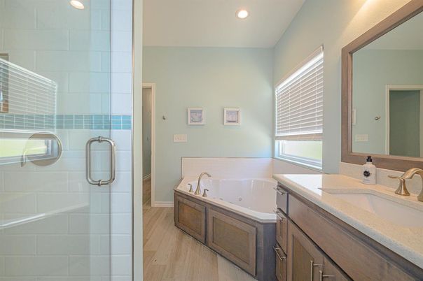 Bathroom, Glass Shower, Interior, Recessed Lighting, Wood Texture Flooring