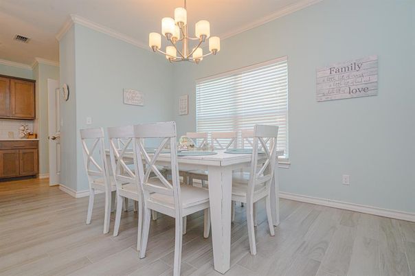 Chandelier, Dining room, Interior, Wood Texture Flooring
