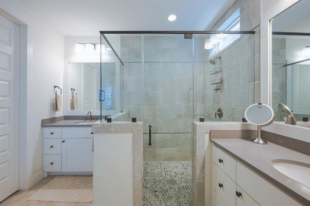 Bathroom, Dual Sink Vanities, Glass Shower, Interior, Recessed Lighting