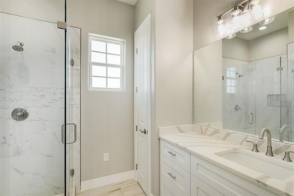 Bathroom, Dual Sink Vanities, Glass Shower, Interior, Marble Walls