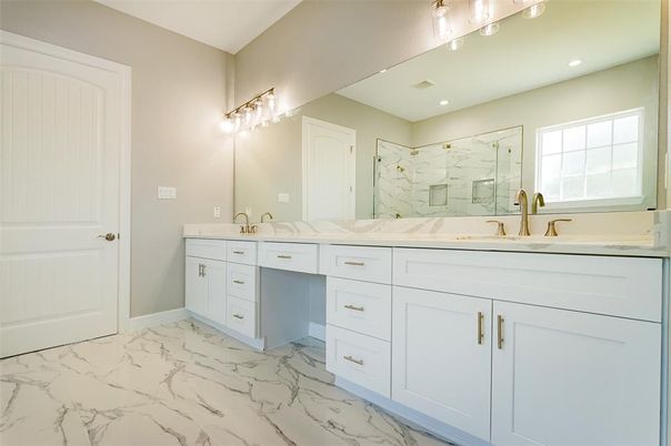 Bathroom, Dual Sink Vanities, Glass Shower, Interior, Marble, Recessed Lighting