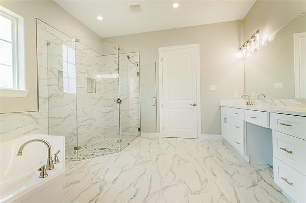 Bathroom, Dual Sink Vanities, Glass Shower, Interior, Marble, Marble Walls, Recessed Lighting