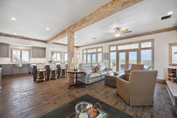 Interior, Kitchen, Living room, Recessed Lighting, Wooden Beams, Wood Texture Flooring