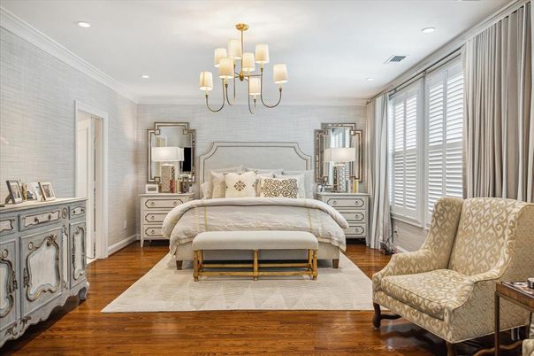 Bedroom, Chandelier, Interior, Recessed Lighting, Wood Texture Flooring