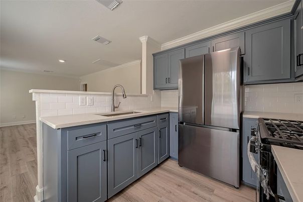 Interior, Kitchen, Recessed Lighting, Stainless Steel Appliances, Wood Texture Flooring