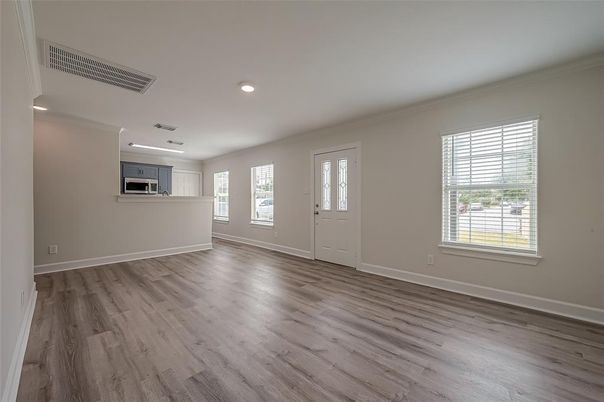 Empty room, Interior, Kitchen, Recessed Lighting, Wood Texture Flooring