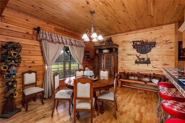 Chandelier, Dining room, Interior, Wooden Ceilings, Wood Texture Flooring, Wooden Walls