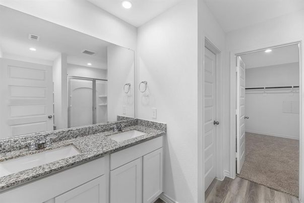 Bathroom, Dual Sink Vanities, Interior, Recessed Lighting, Walk-in Closets, Wood Texture Flooring