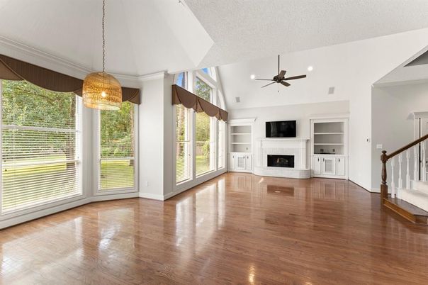 Empty room, Fireplace, Interior, Pendant Lights, Wood Texture Flooring