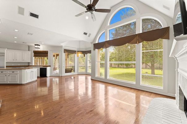 Empty room, Interior, Kitchen, Pendant Lights, Recessed Lighting, Wood Texture Flooring