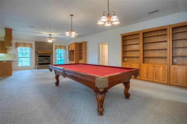 Billiard Table, Fireplace, Game Room, Interior, Pendant Lights