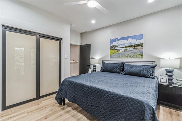 Bedroom, Interior, Recessed Lighting, Wood Texture Flooring