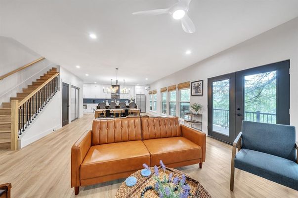Interior, Kitchen, Living room, Pendant Lights, Recessed Lighting, Wood Texture Flooring