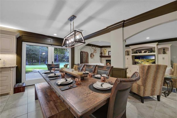 Dining room, Fireplace, Interior, Living room, Pendant Lights, Recessed Lighting