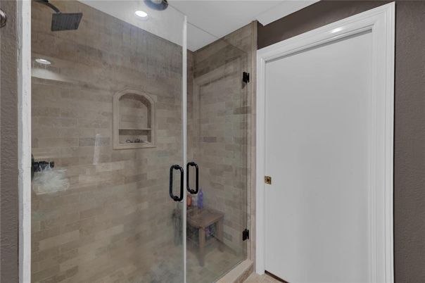 Bathroom, Glass Shower, Interior, Recessed Lighting, Stone Walls