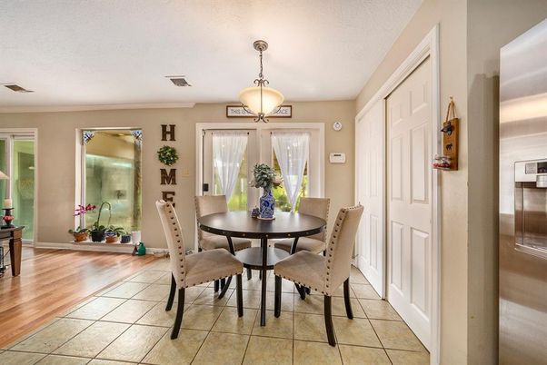 Dining room, Interior, Pendant Lights, Wood Texture Flooring