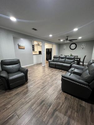Dining room, Interior, Living room, Recessed Lighting, Wood Texture Flooring