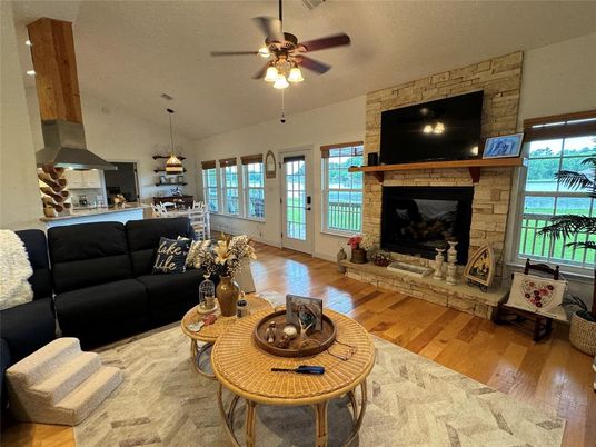 Dining room, Fireplace, Interior, Kitchen, Living room, Pendant Lights, Recessed Lighting, Stone Walls, Wood Texture Flooring