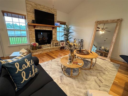 Fireplace, Interior, Living room, Stone Walls, Wood Texture Flooring