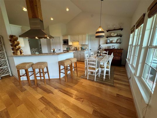 Dining room, Interior, Kitchen, Pendant Lights, Recessed Lighting, Wood Texture Flooring