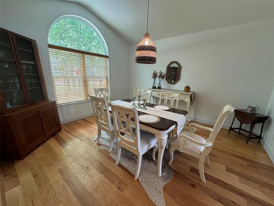 Dining room, Interior, Pendant Lights, Wood Texture Flooring