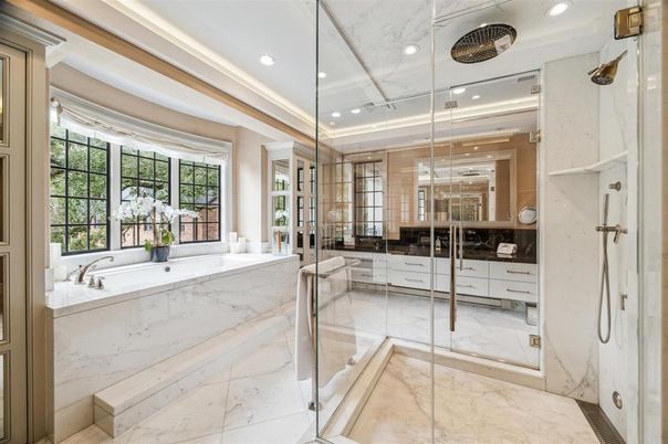 Bathroom, Glass Shower, Interior, Marble, Marble Walls, Recessed Lighting