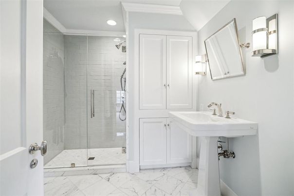 Bathroom, Glass Shower, Interior, Marble, Recessed Lighting
