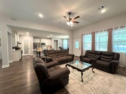 Interior, Kitchen, Living room, Recessed Lighting, Stainless Steel Appliances, Wood Texture Flooring