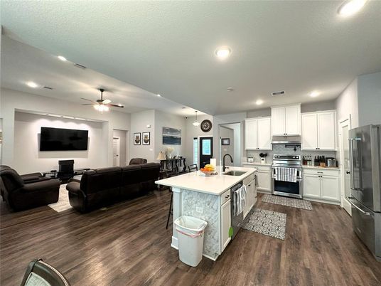 Interior, Kitchen, Living room, Recessed Lighting, Stainless Steel Appliances, Wood Texture Flooring