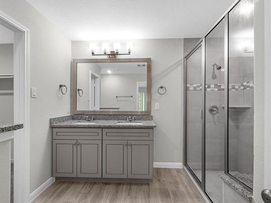 Bathroom, Glass Shower, Interior, Wood Texture Flooring