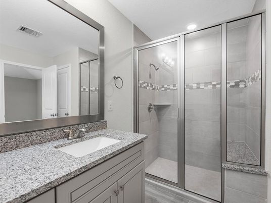 Bathroom, Glass Shower, Interior, Recessed Lighting, Wood Texture Flooring