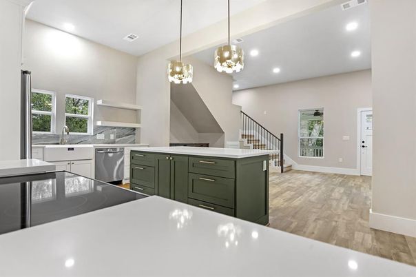 Interior, Kitchen, Pendant Lights, Recessed Lighting, Wood Texture Flooring