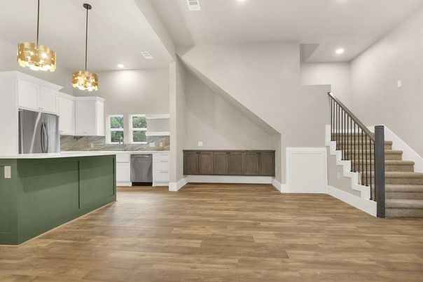 Interior, Kitchen, Pendant Lights, Recessed Lighting, Stainless Steel Appliances, Wood Texture Flooring