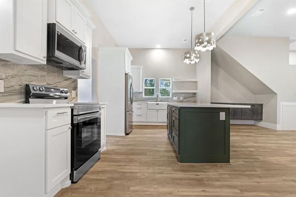 Interior, Kitchen, Pendant Lights, Recessed Lighting, Stainless Steel Appliances, Wood Texture Flooring