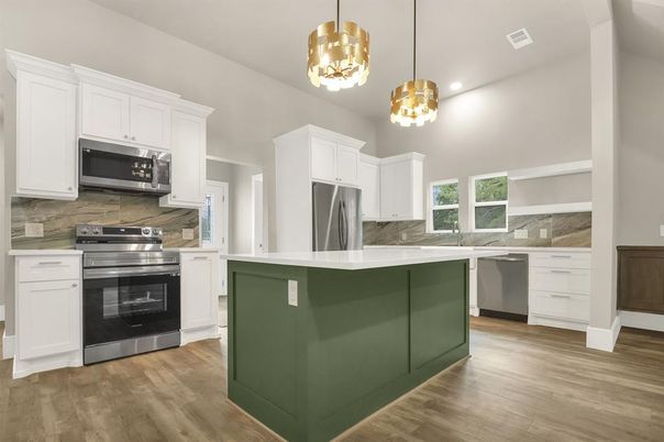 Interior, Kitchen, Pendant Lights, Recessed Lighting, Stainless Steel Appliances, Wood Texture Flooring