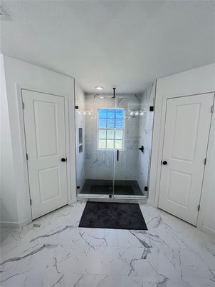Bathroom, Glass Shower, Interior, Marble, Marble Walls, Recessed Lighting