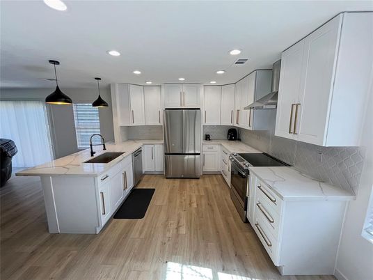 Interior, Kitchen, Pendant Lights, Recessed Lighting, Stainless Steel Appliances, Wood Texture Flooring