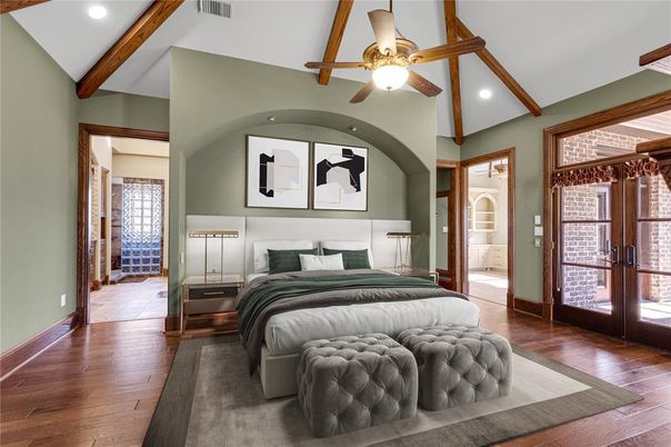 Bedroom, Interior, Recessed Lighting, Wooden Beams, Wood Texture Flooring