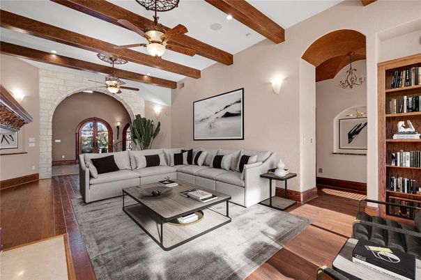 Interior, Living room, Recessed Lighting, Stone Walls, Wooden Beams, Wood Texture Flooring