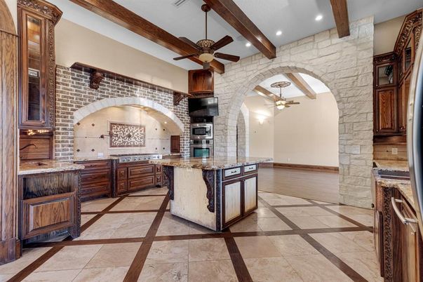 Interior, Kitchen, Recessed Lighting, Stone Walls, Wooden Beams