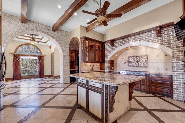 Interior, Kitchen, Recessed Lighting, Stone Walls, Wooden Beams