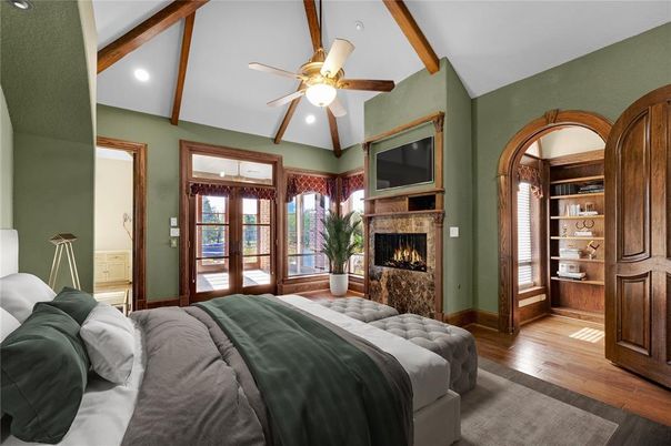 Bedroom, Fireplace, Interior, Recessed Lighting, Wooden Beams, Wood Texture Flooring