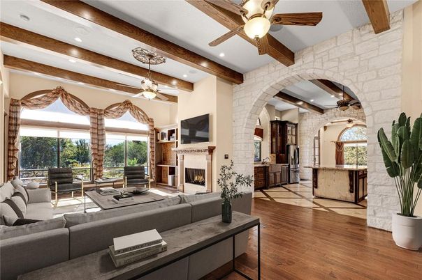 Fireplace, Interior, Living room, Recessed Lighting, Stone Walls, Wooden Beams, Wood Texture Flooring