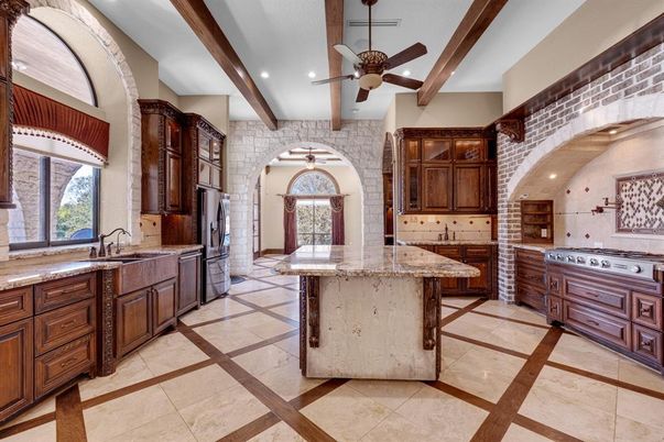 Interior, Kitchen, Recessed Lighting, Stone Walls, Wooden Beams