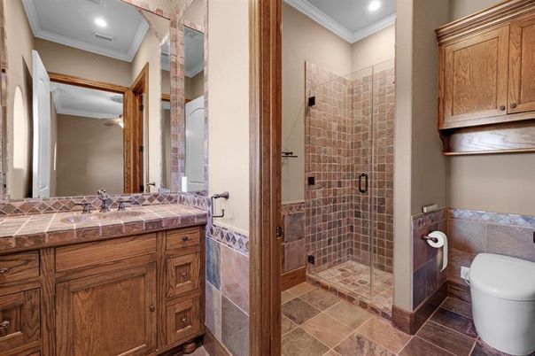 Bathroom, Glass Shower, Interior, Recessed Lighting, Tile Countertops