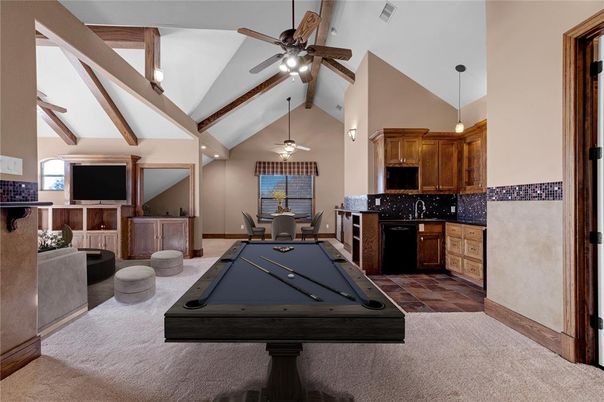 Billiard Table, Dining room, Game Room, Interior, Kitchen, Pendant Lights, Wooden Beams